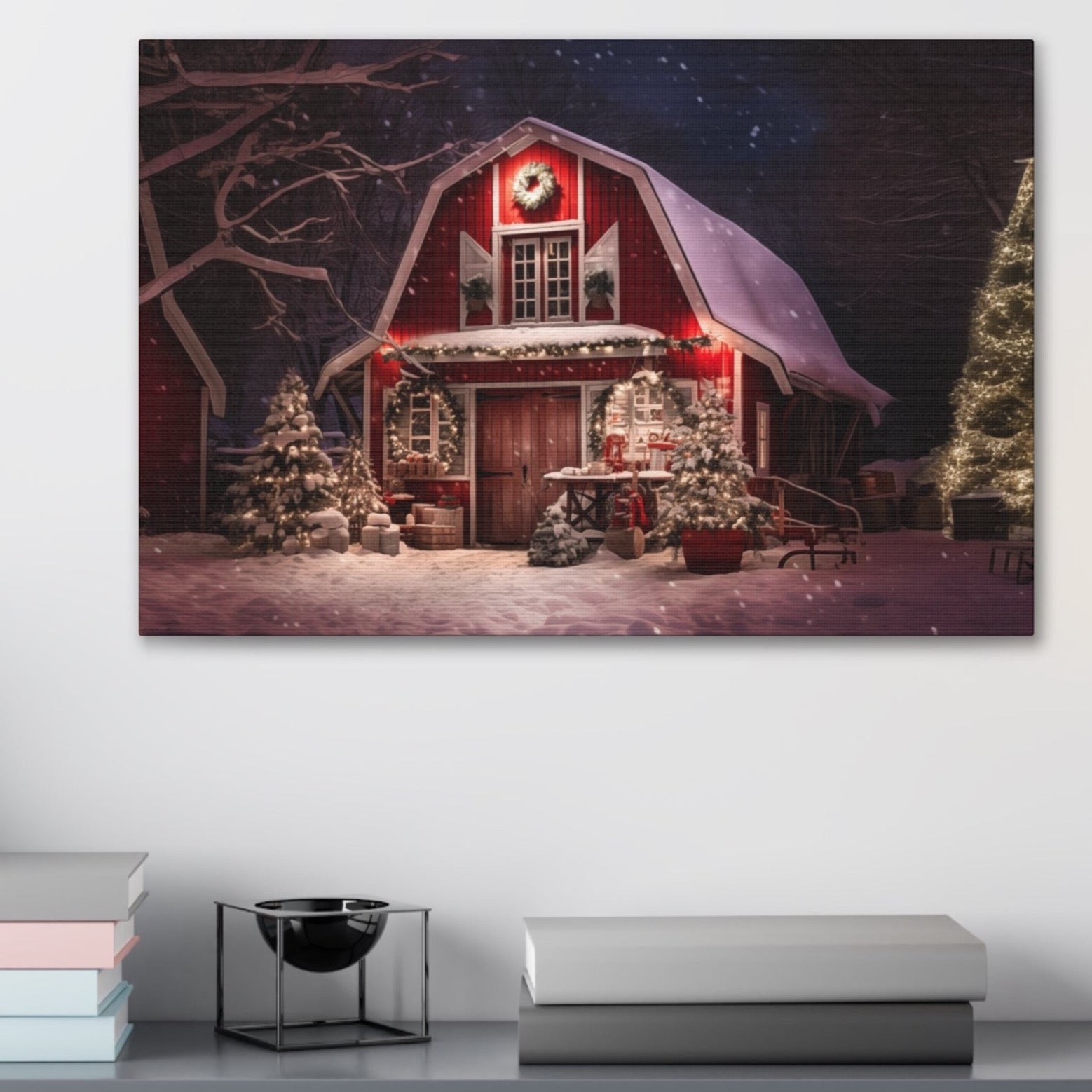 red christmas barn snow canvas prints