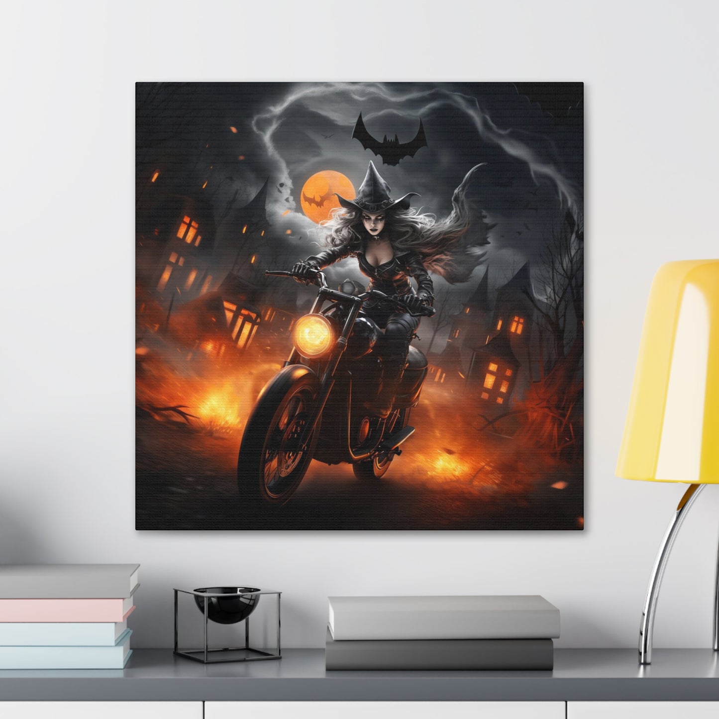 Witch On Motorcycle Canvas Print Aesthetic Halloween Wall Decor Gifts