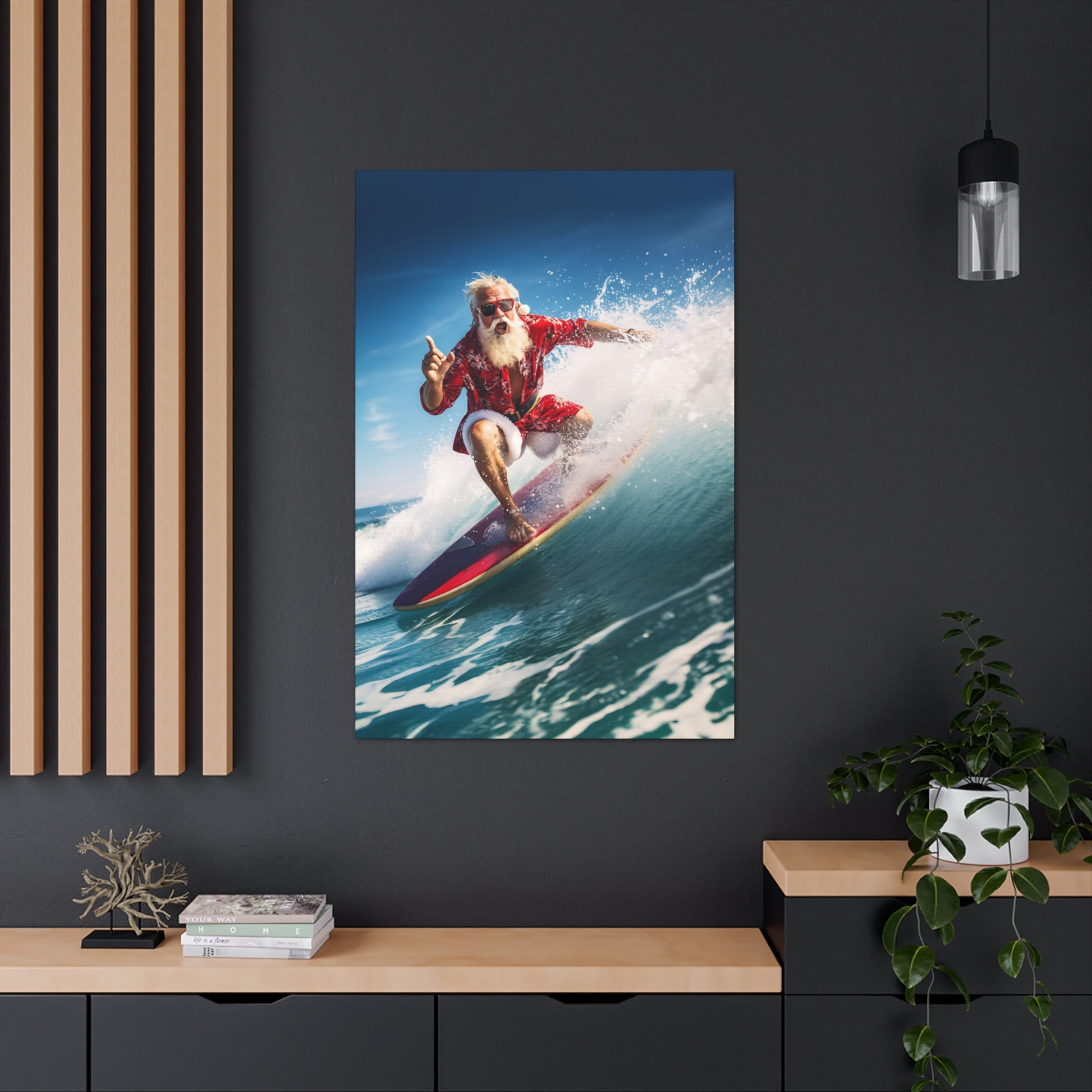 santa surfing wave canvas prints