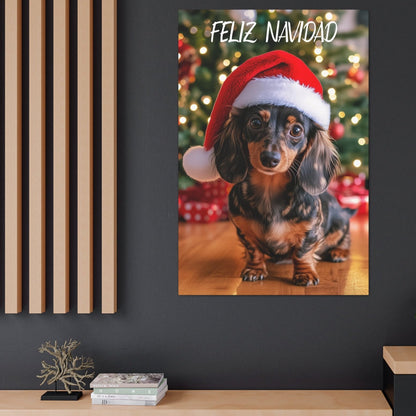 Cute Dapple Dachshund wearing Santa hat