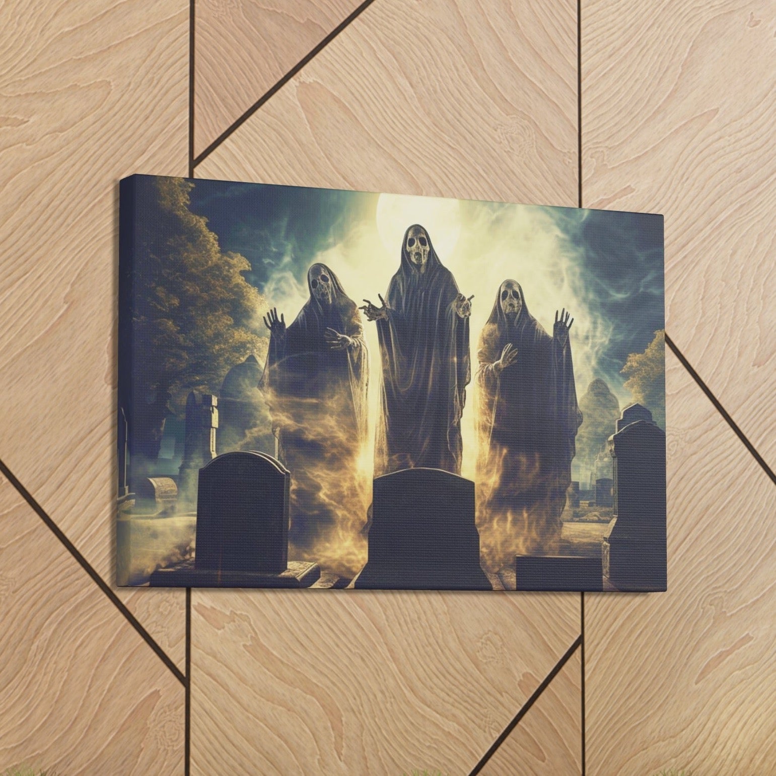 ghosts in cemetery canvas print
