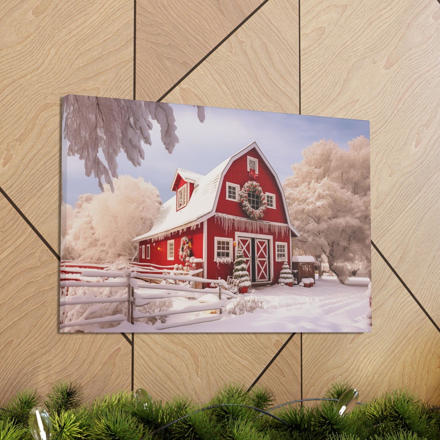 red christmas barn snow canvas prints