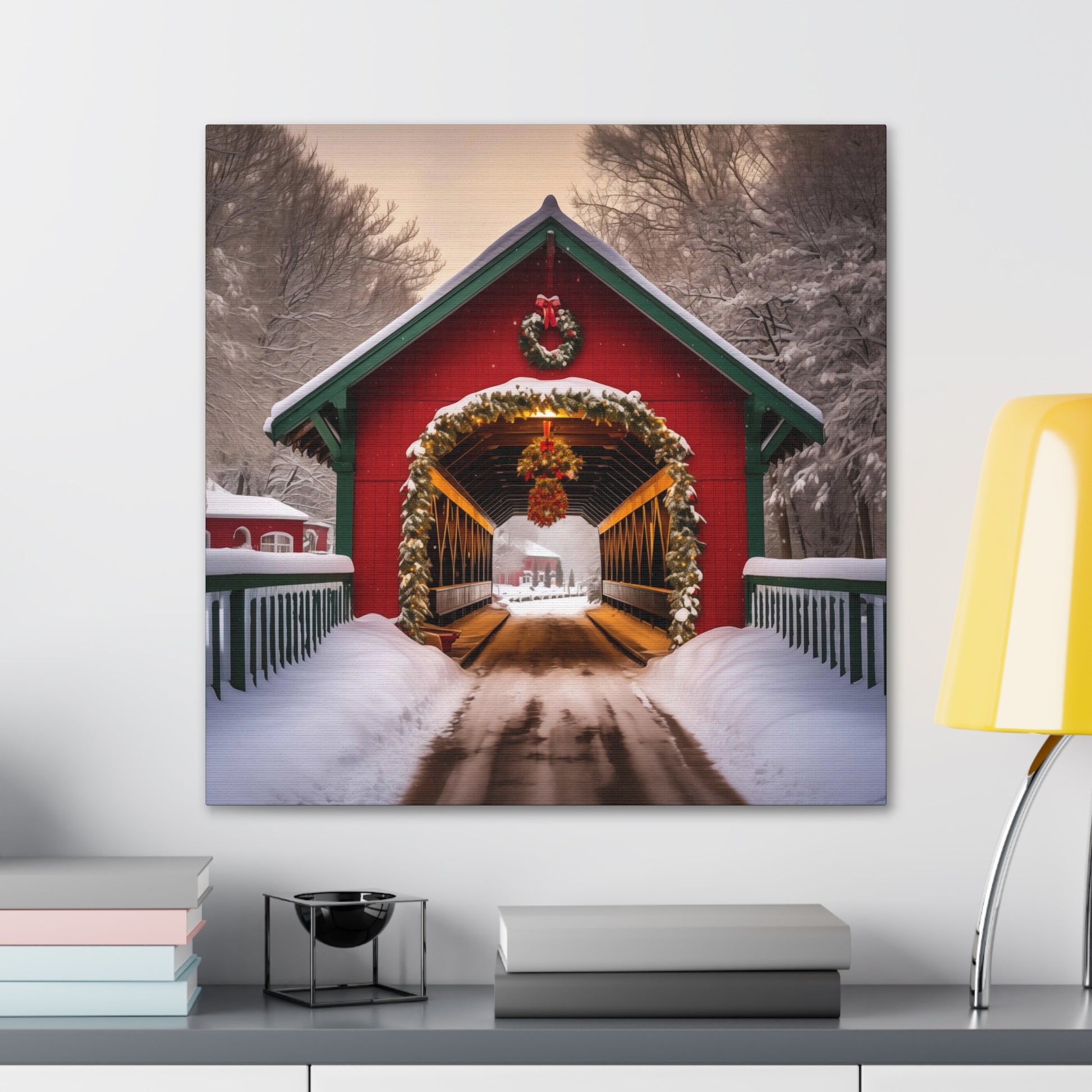 red country christmas covered bridge canvas print