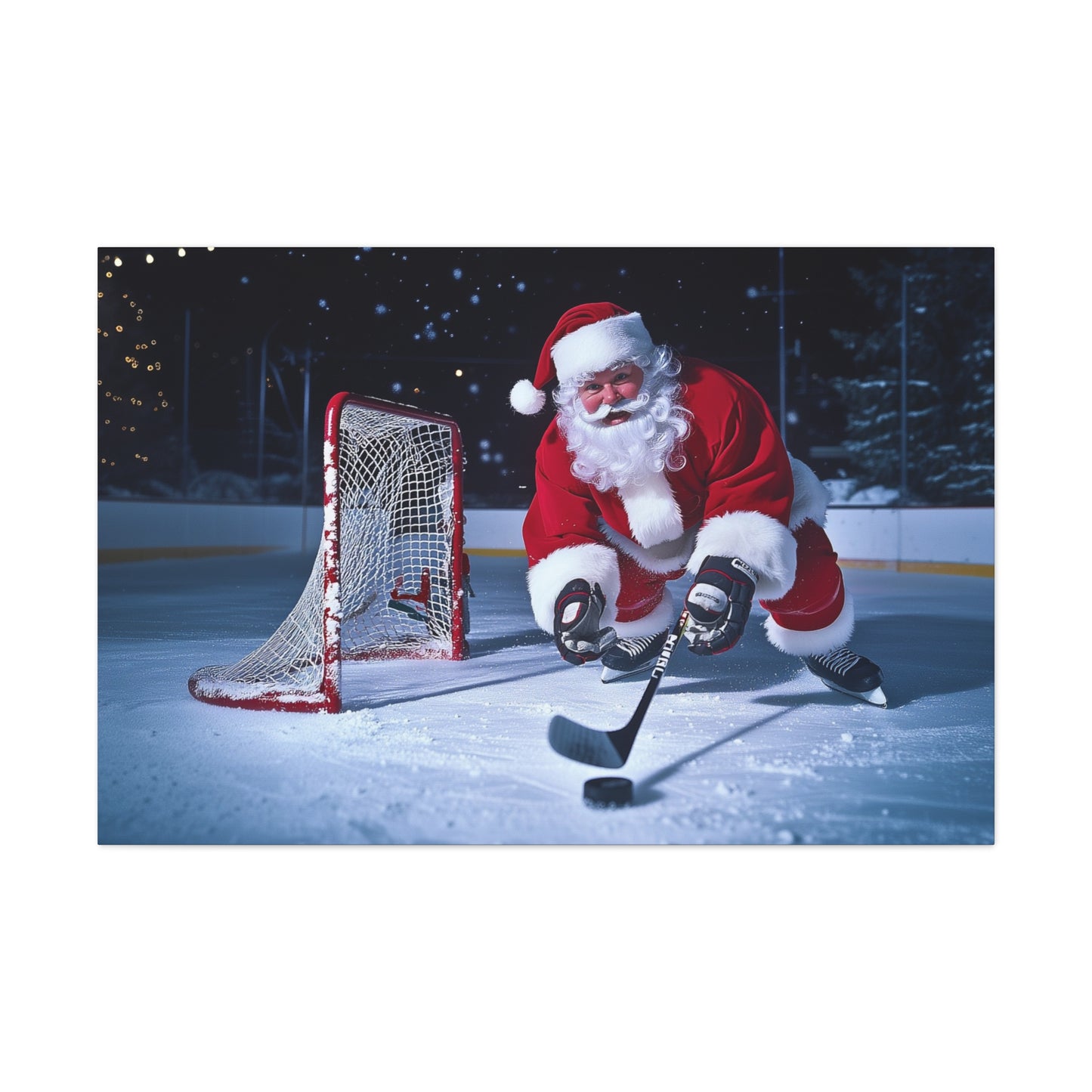 santa claus playing hockey stretched canvas print gallery wrap