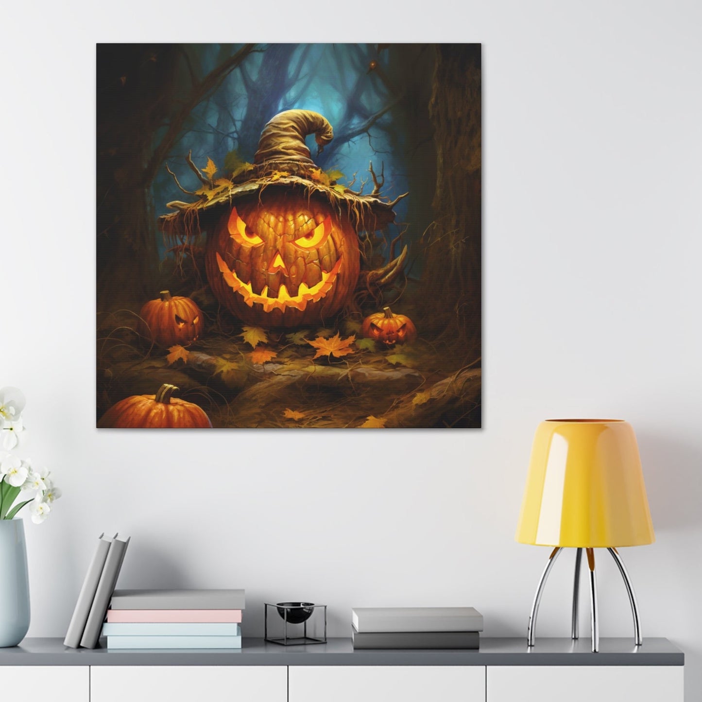 Halloween art print jack-o-lantern wearing witch’s hat