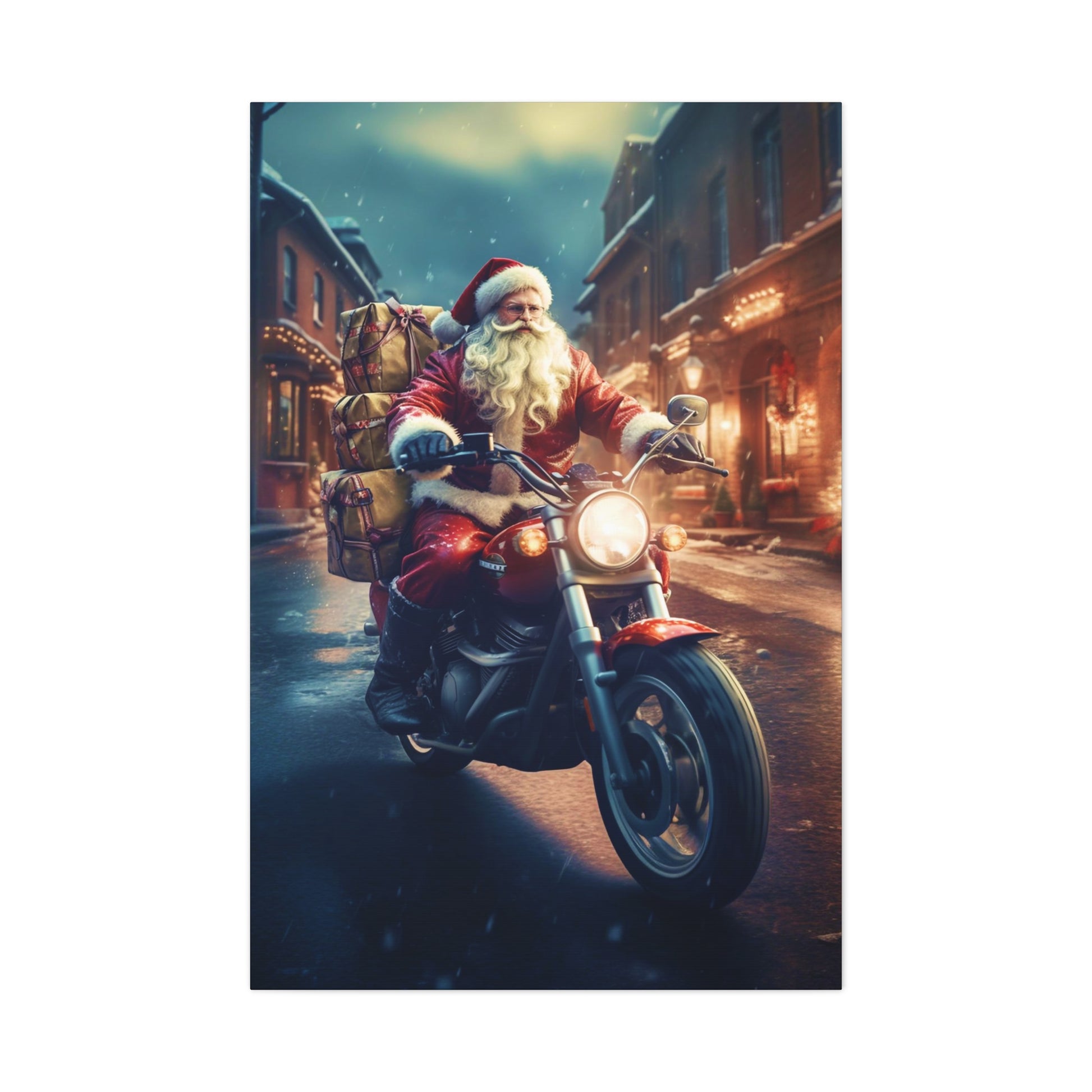 santa riding motorcycle canvas print