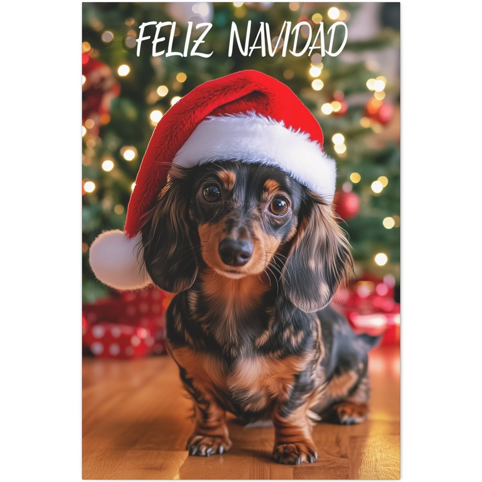 christmas gifts for dapple dachshund lovers, Christmas Dapple Dachshund canvas print Feliz Navidad