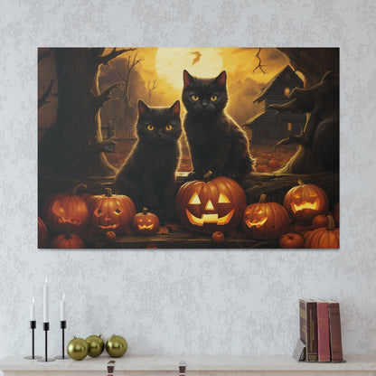 Halloween scene art black cats pumpkins