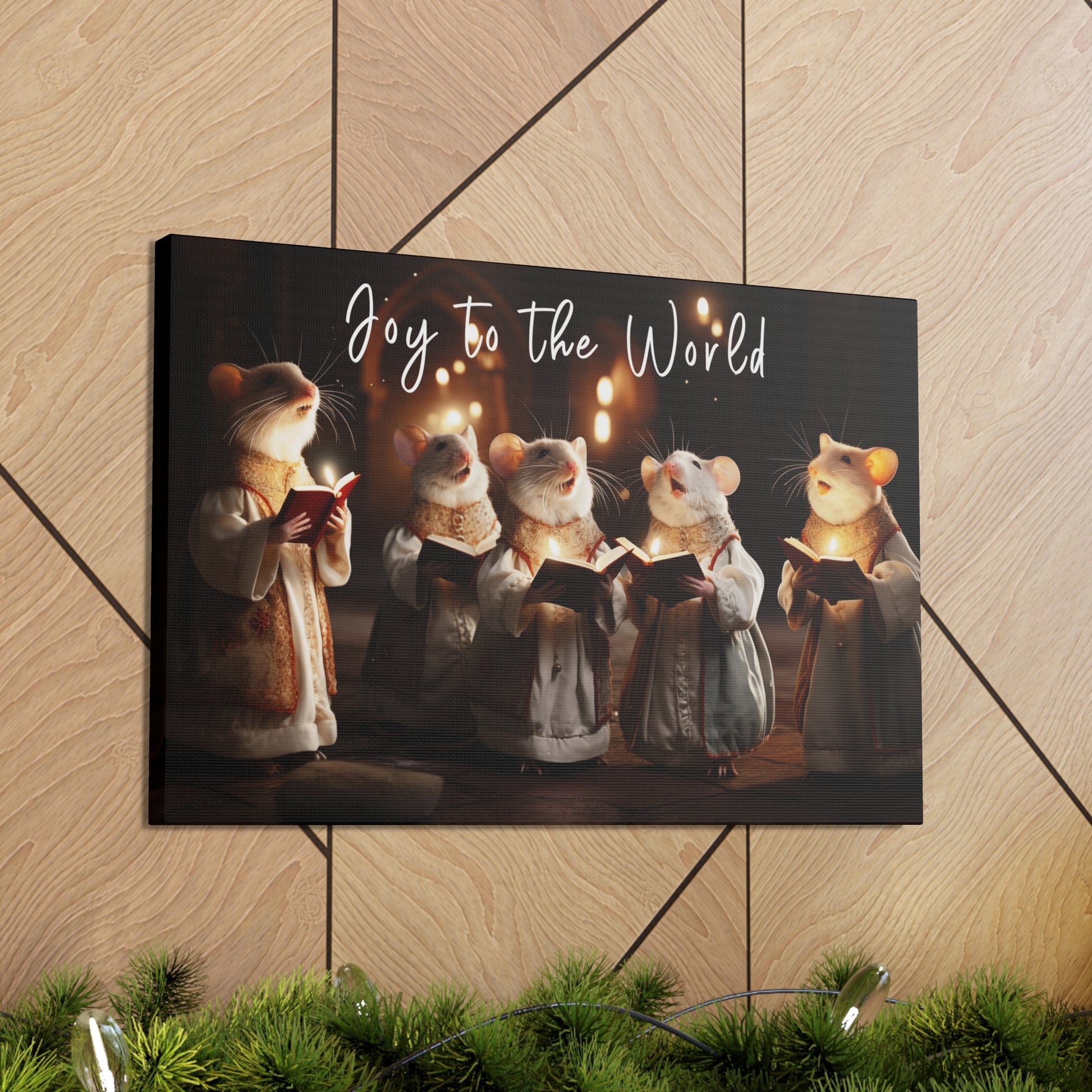 Christmas mice carolers stretched canvas print
