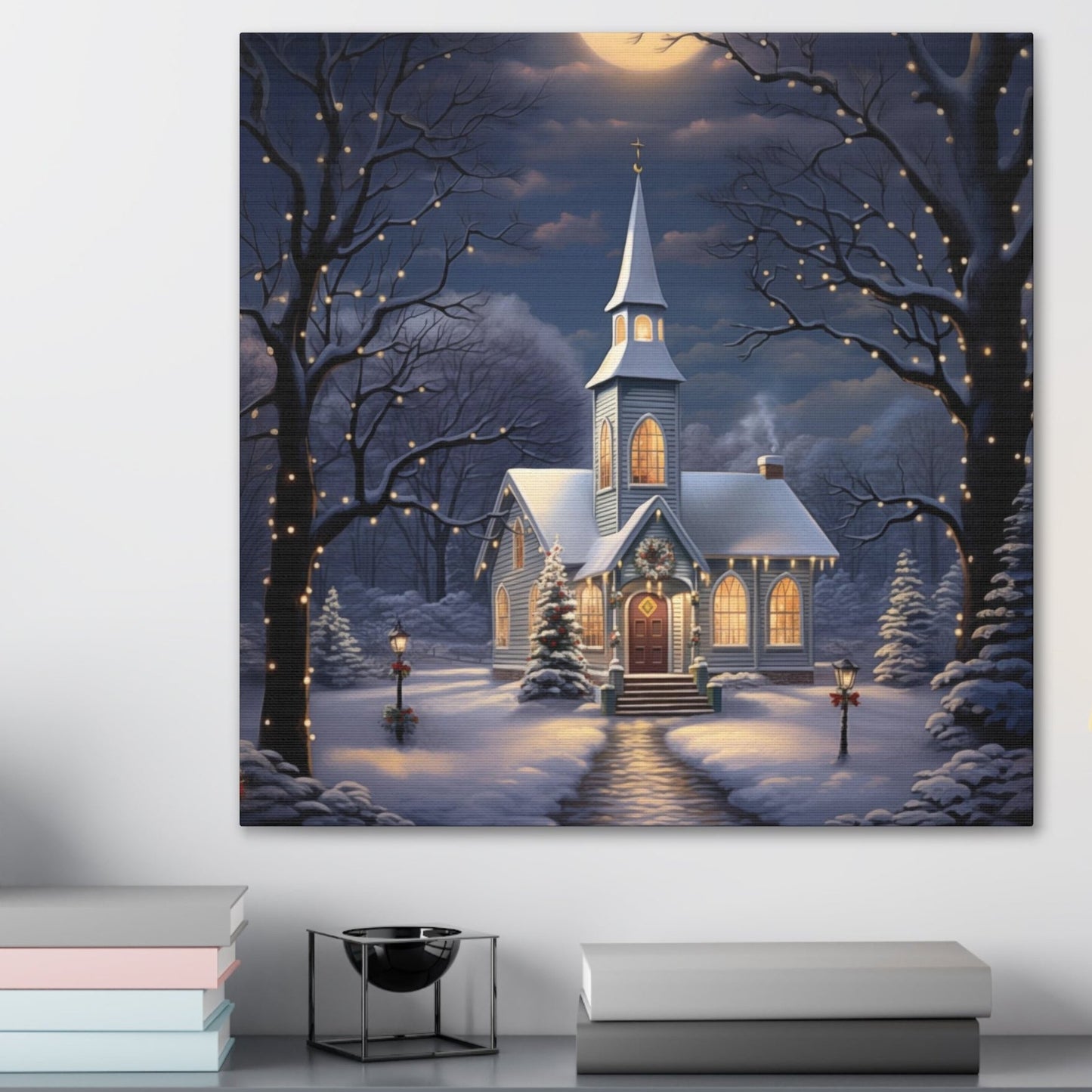 country church Christmas snow decor