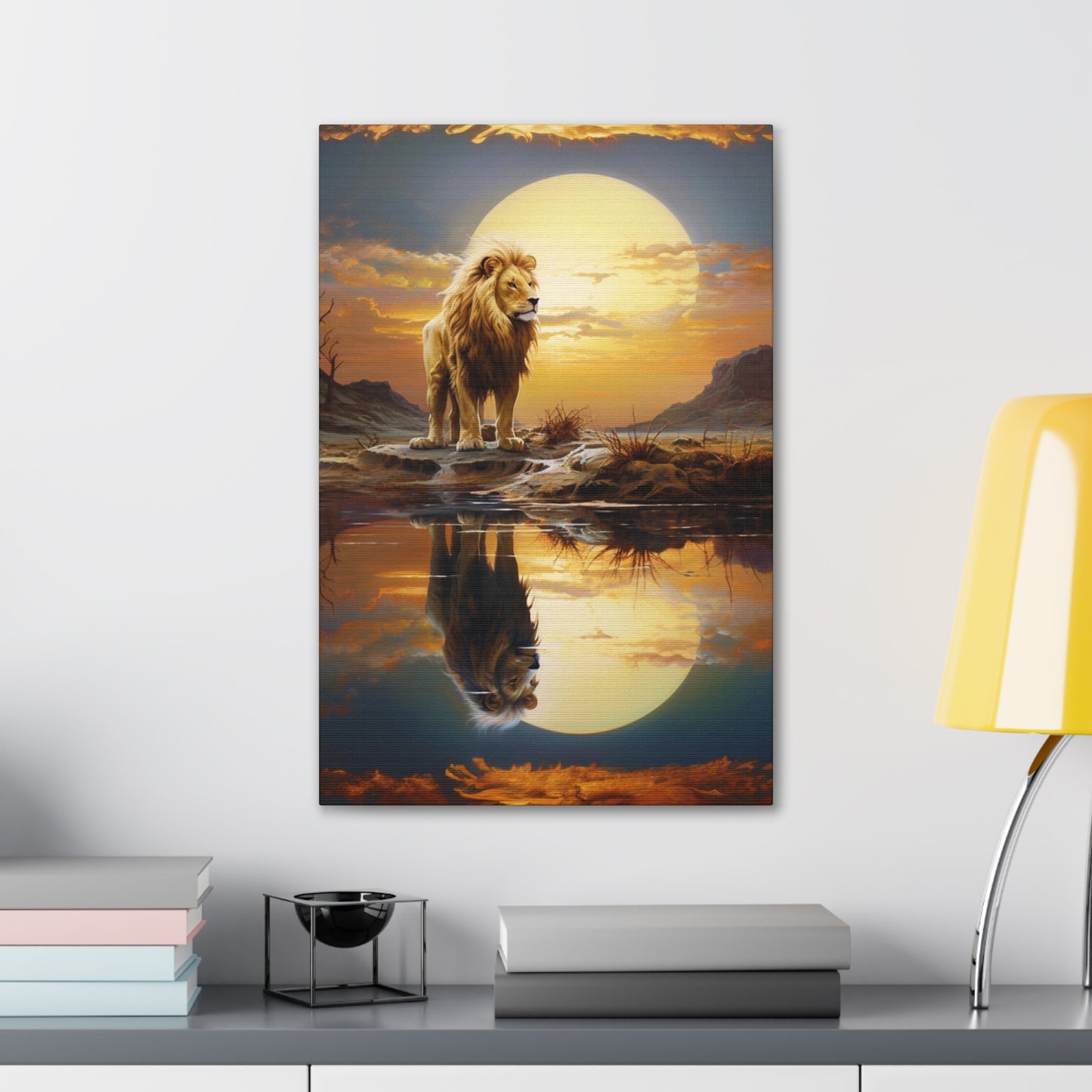 lion wall art decor, lion reflection in water canvas print