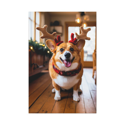 Christmas Corgi wearing reindeer antlers wall decor