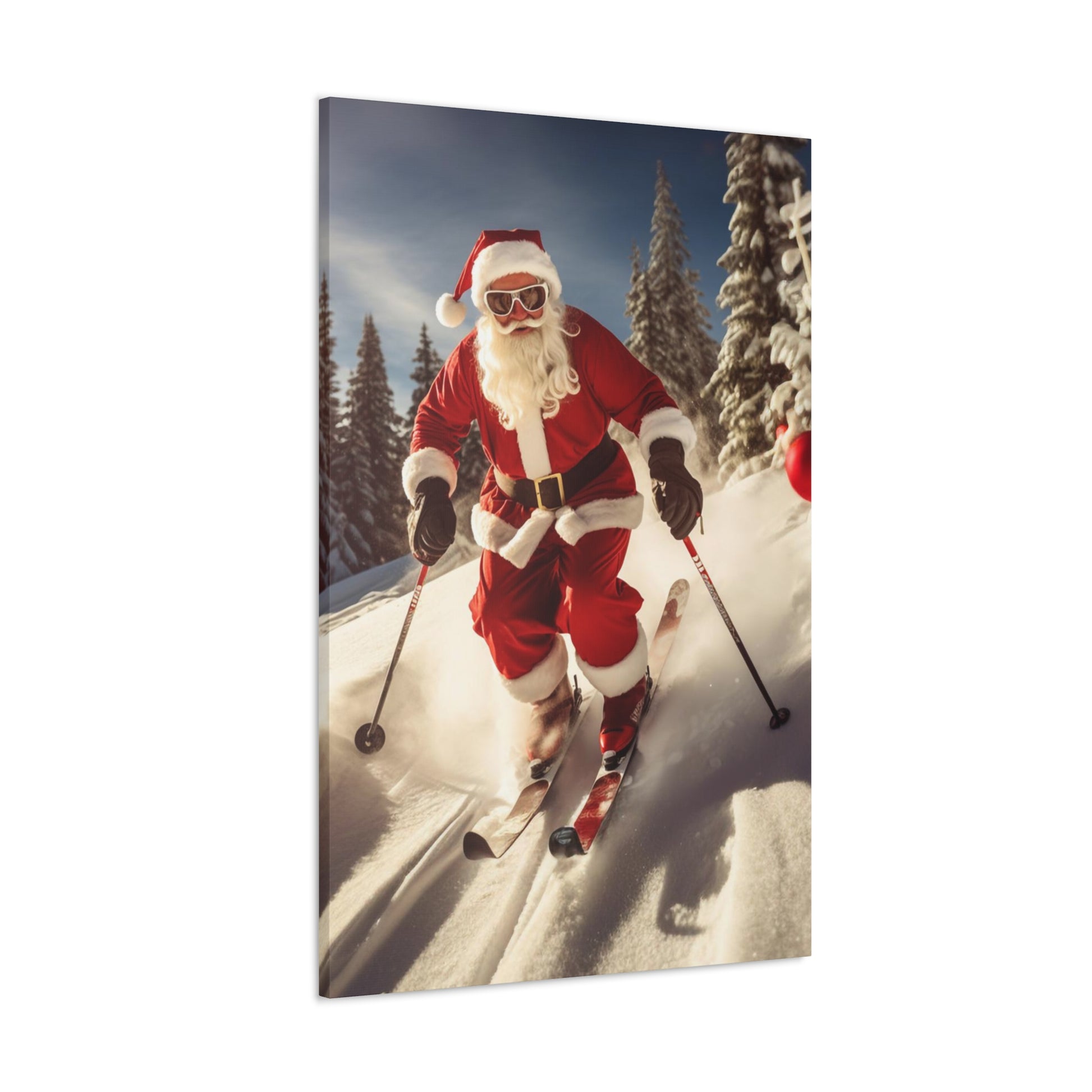 santa on snow skis canvas print