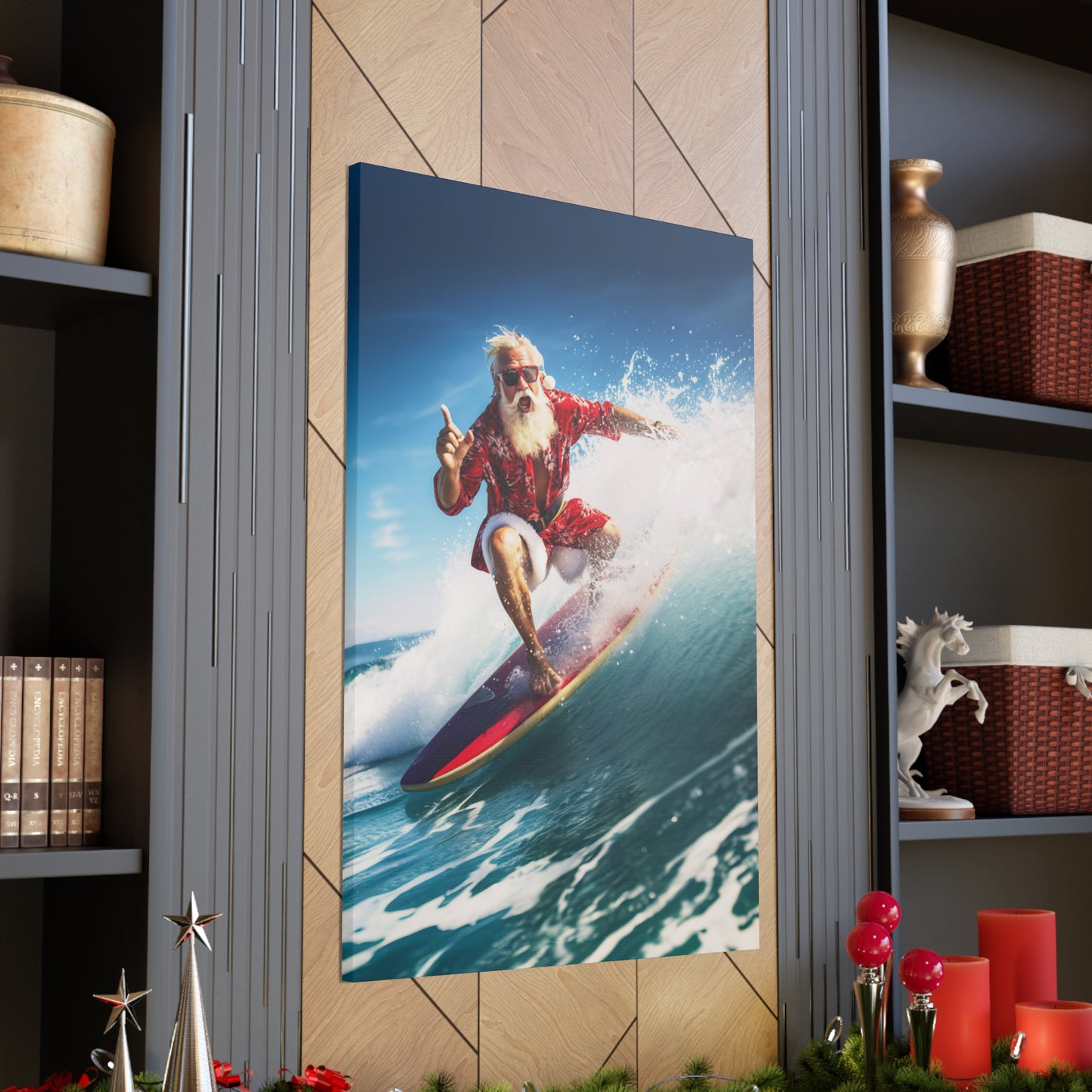 santa on surfboard canvas prints
