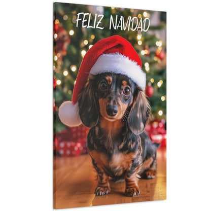 Christmas Feliz Navidad Dapple Dachshund wearing Santa’s hat wall decor