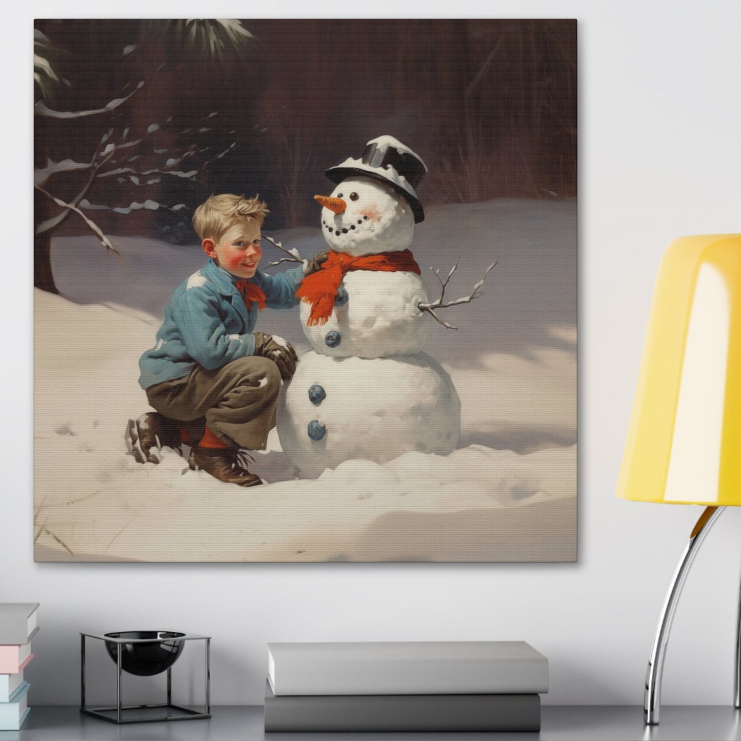 norman rockwell winter scene with boy and snowman