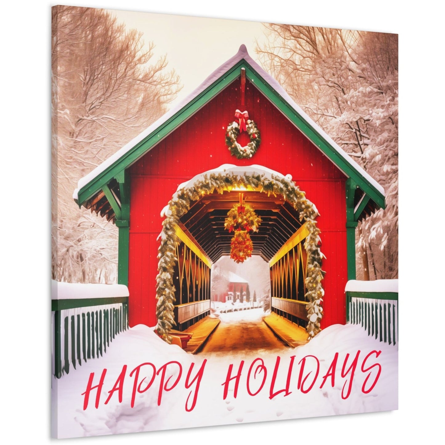 happy holidays red covered bridge snow canvas prints