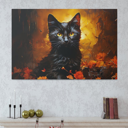 Halloween scene art Impressionism black cats fall leaves