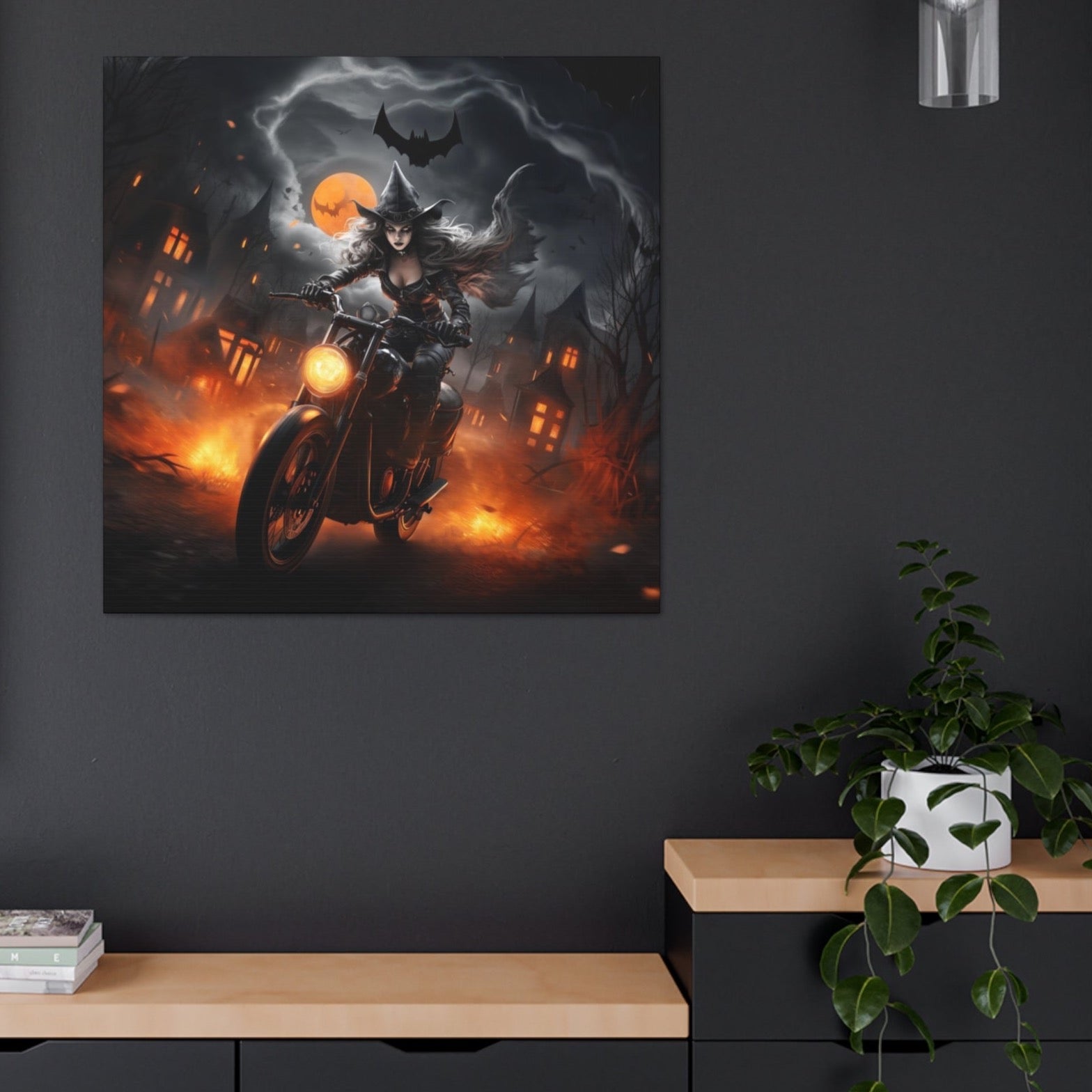 halloween art print witch motorcycle