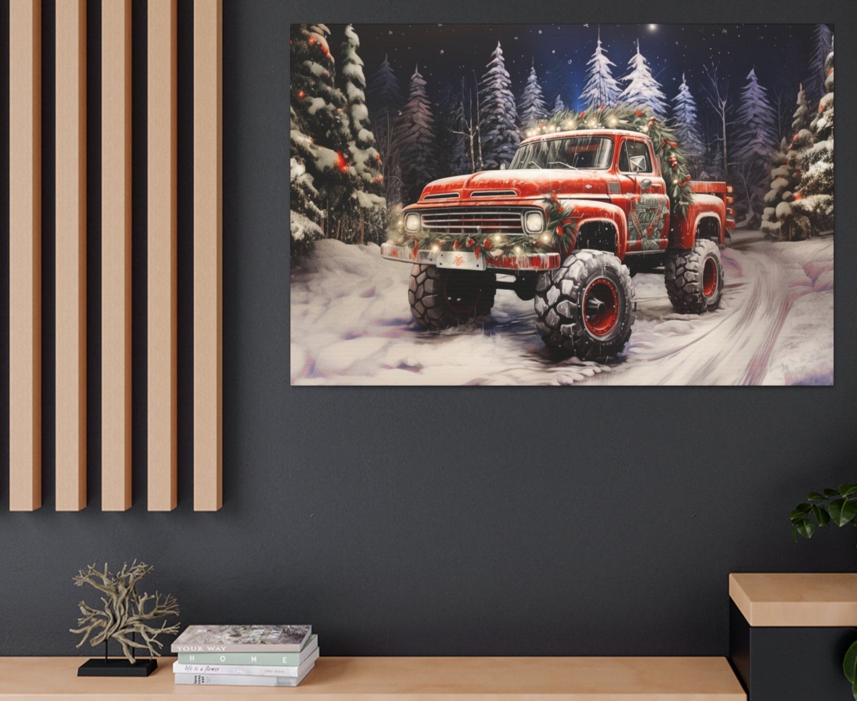 monster truck christmas red canvas prints