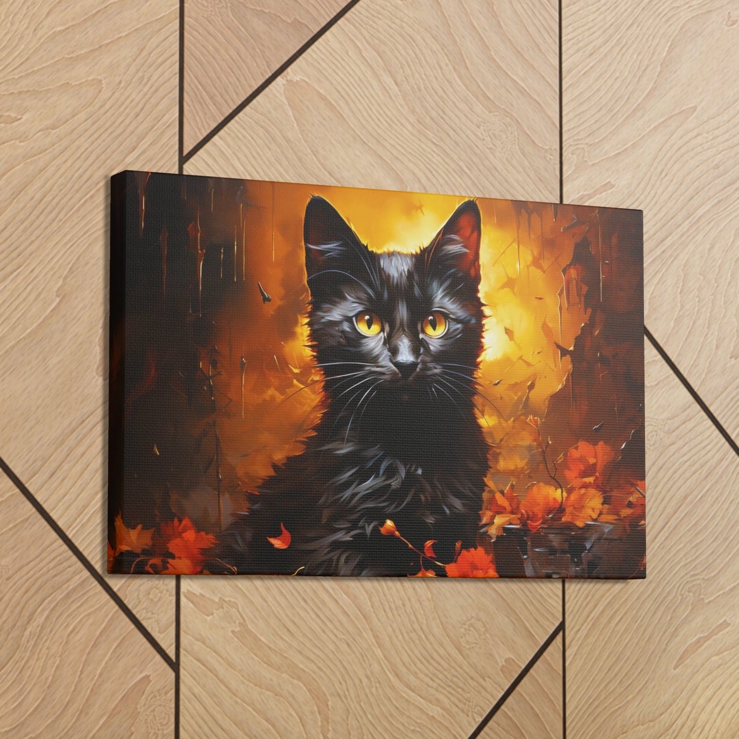 Halloween black cats art print fall leaves Impressionism