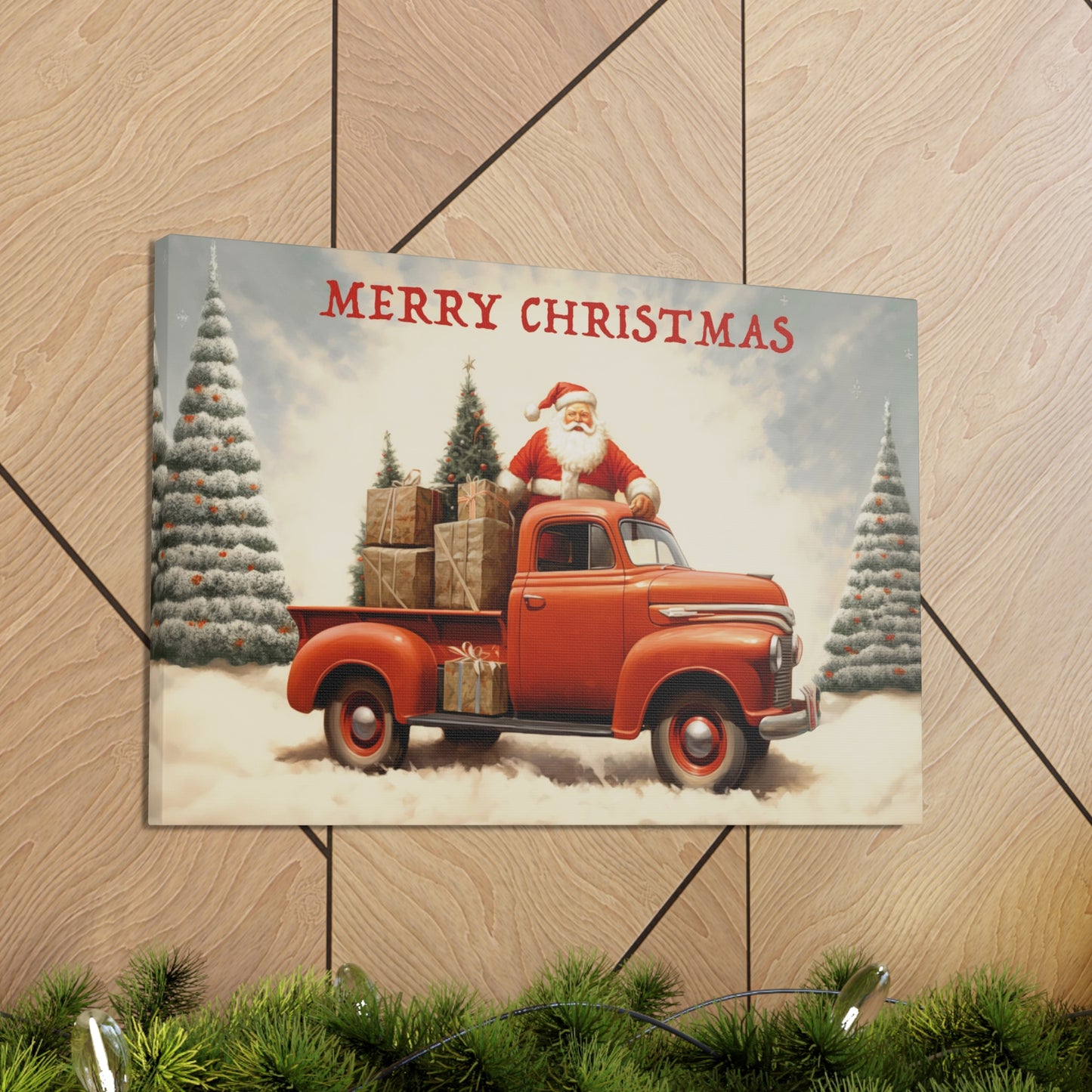 santa with red truck canvas print