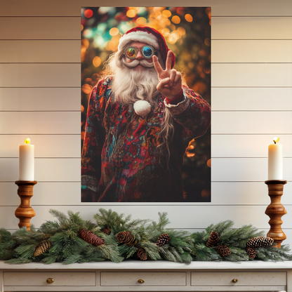 Santa Claus hippie canvas print, santa peace sign wall decor