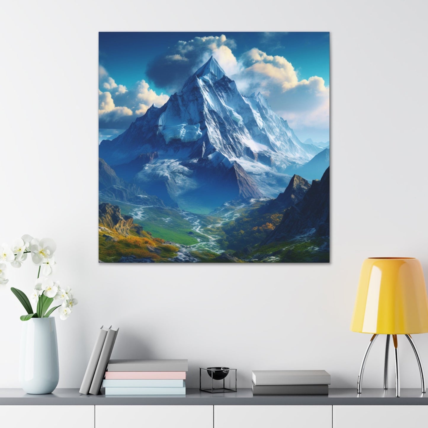 blue sky snow covered mountains stretched canvas print