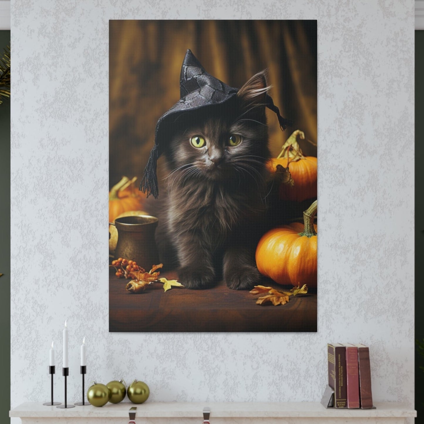 Halloween scene art black cats witch’s hat
