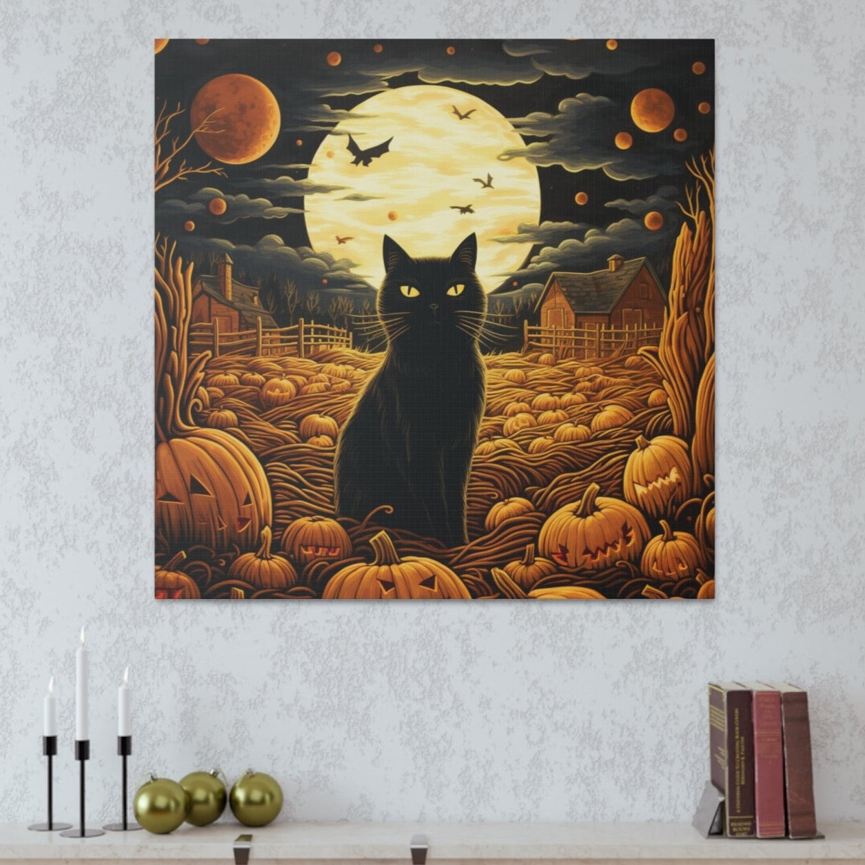Halloween scene art black cats pumpkins