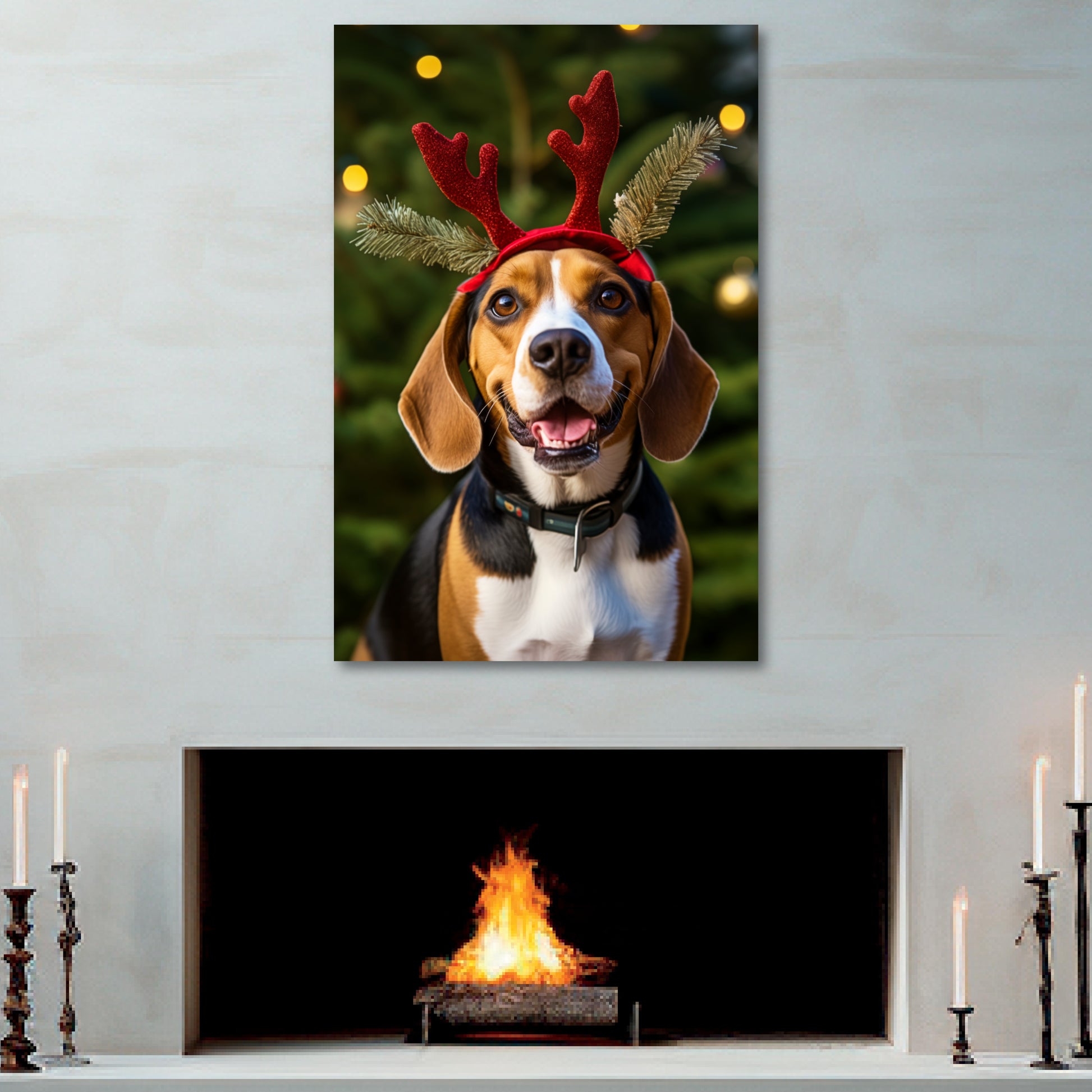 Beagle wearing reindeer antlers canvas print, Beagle Christmas wall art ideas