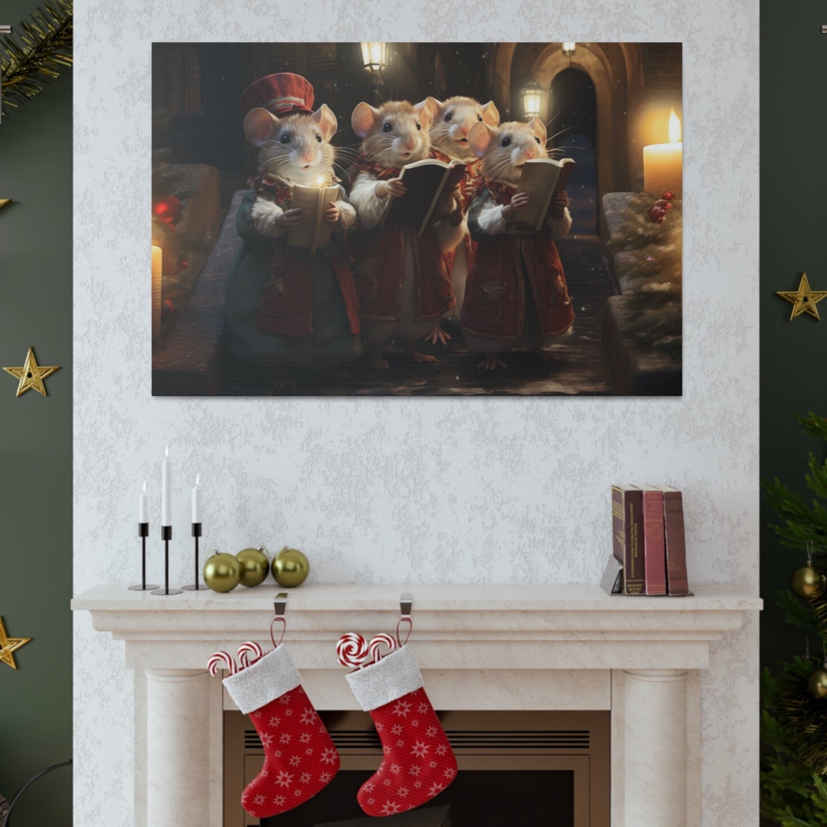 Christmas mice carolers decorations, Christmas mice carolers stretched canvas print