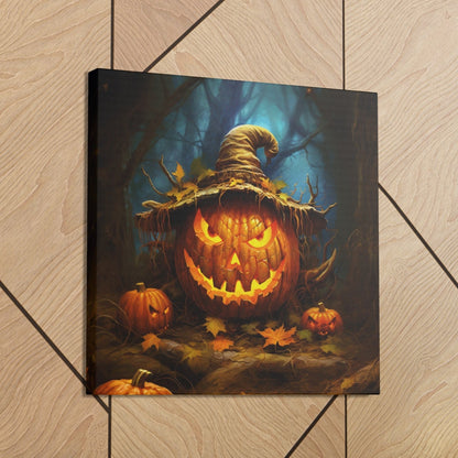 Halloween jack-o-lantern wearing witch’s hat scene wall art