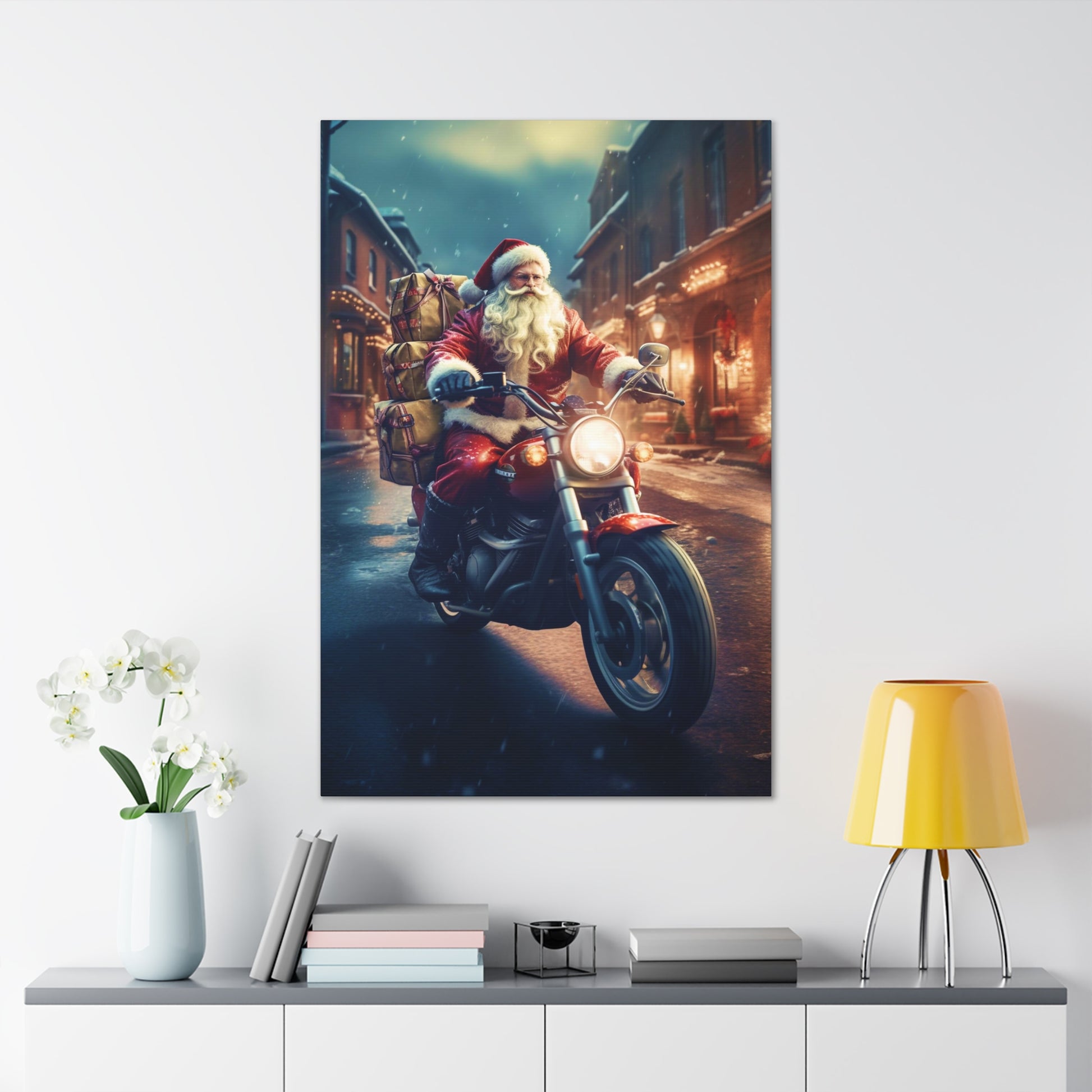 santa cruising on motorcycle wall decor art