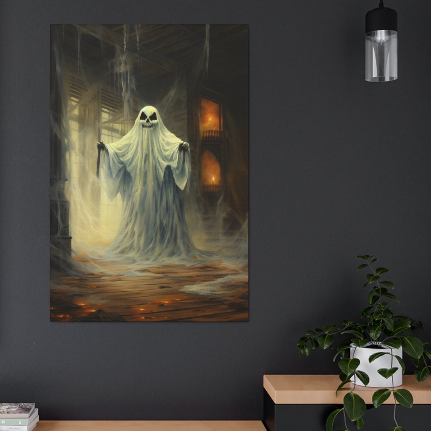 halloween ghost holding knife wall art