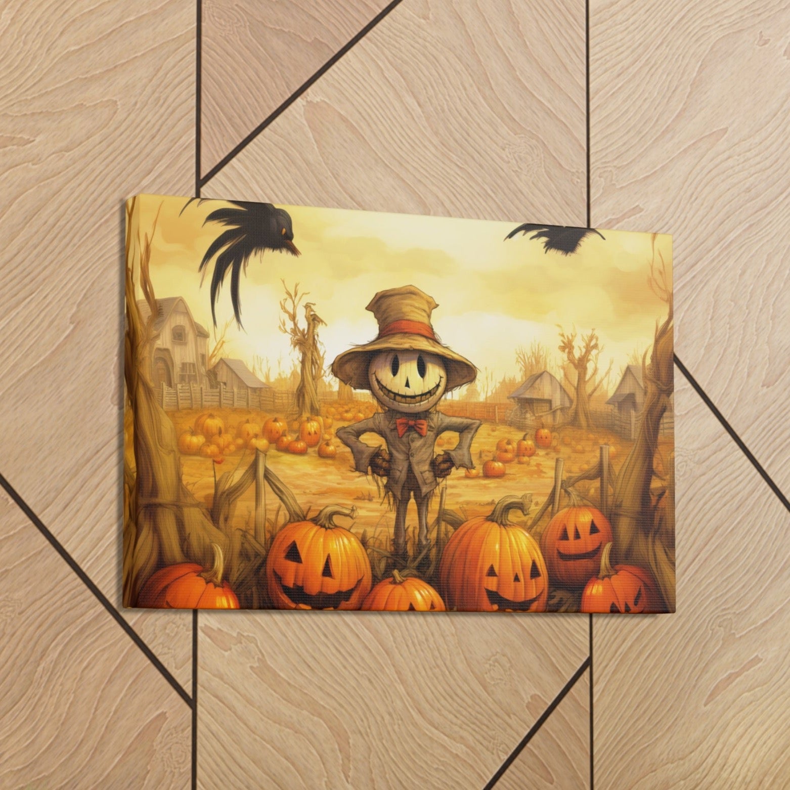 scarecrow in pumpkin patch canvas print