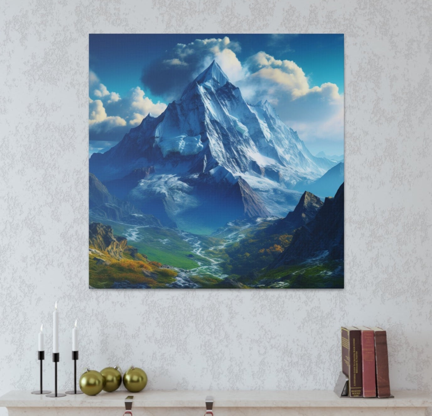 scenic art print snowy mountains blue sky