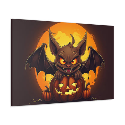 Halloween bat wall art, cartoon bat flying in front of yellow moon canvas print