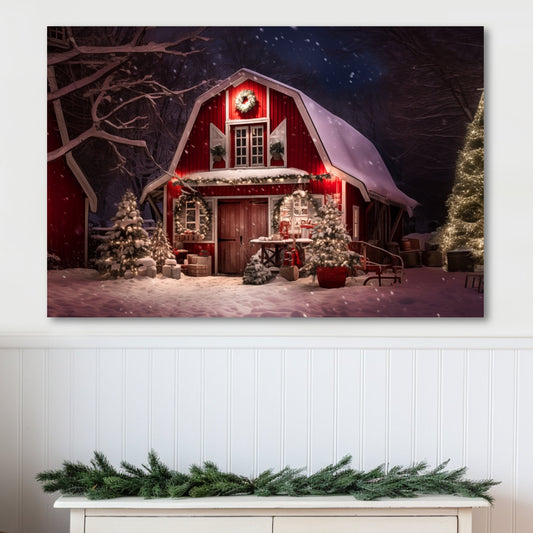 red christmas barn canvas print