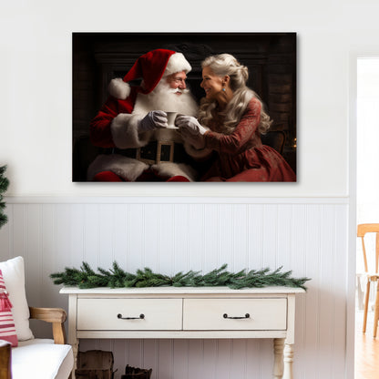 Mr. Mrs. Claus having hot chocolate stretched canvas print