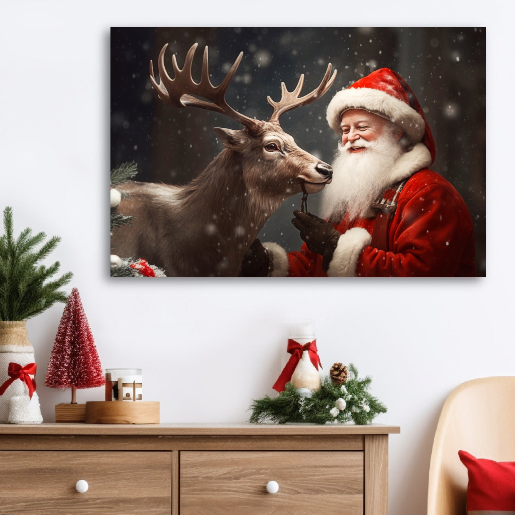 Santa with reindeer wall decor art prints