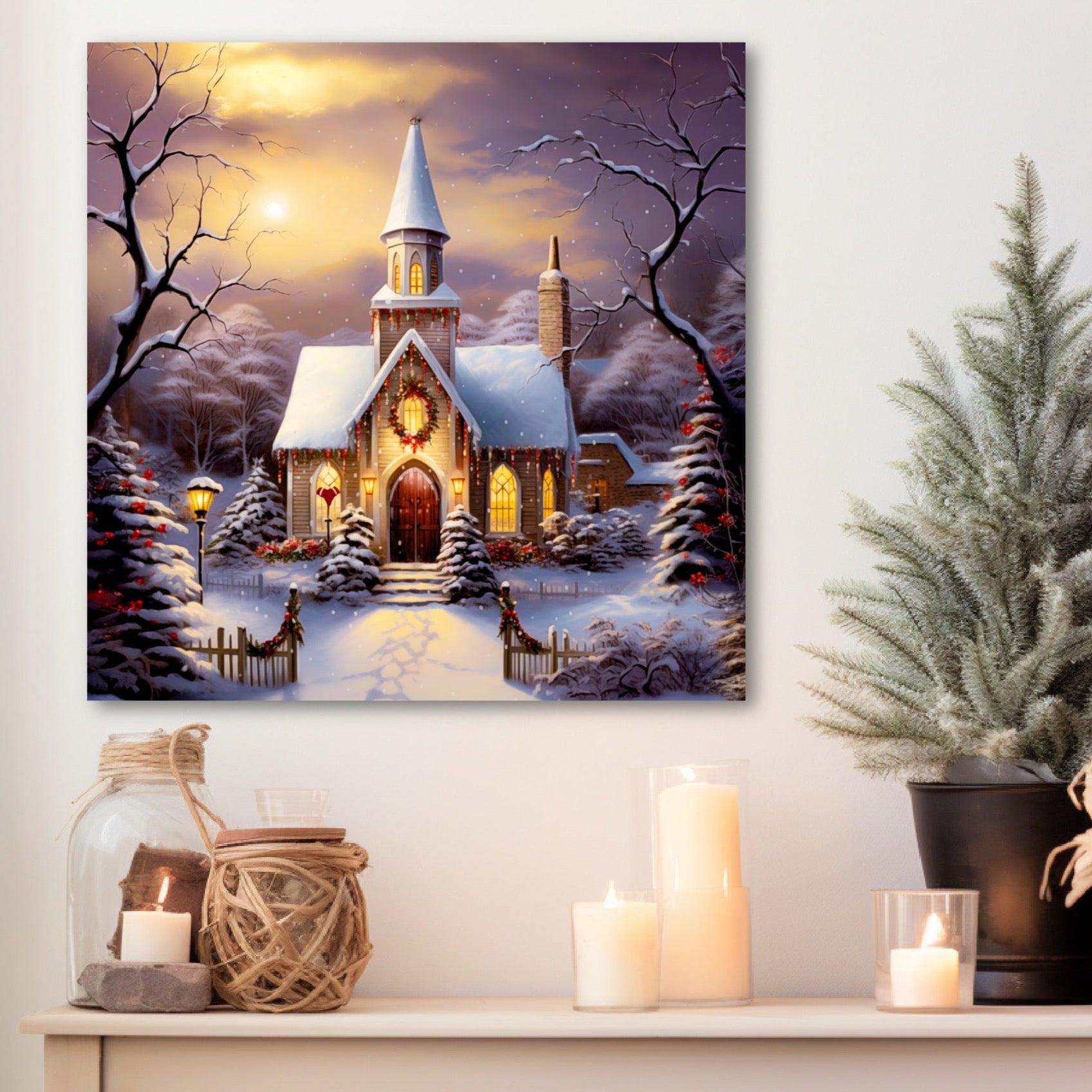 Christmas country church canvas print