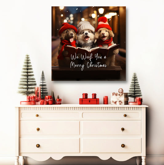 Christmas dog carolers aesthetic stretched canvas print, dog carolers aesthetic stretched canvas print