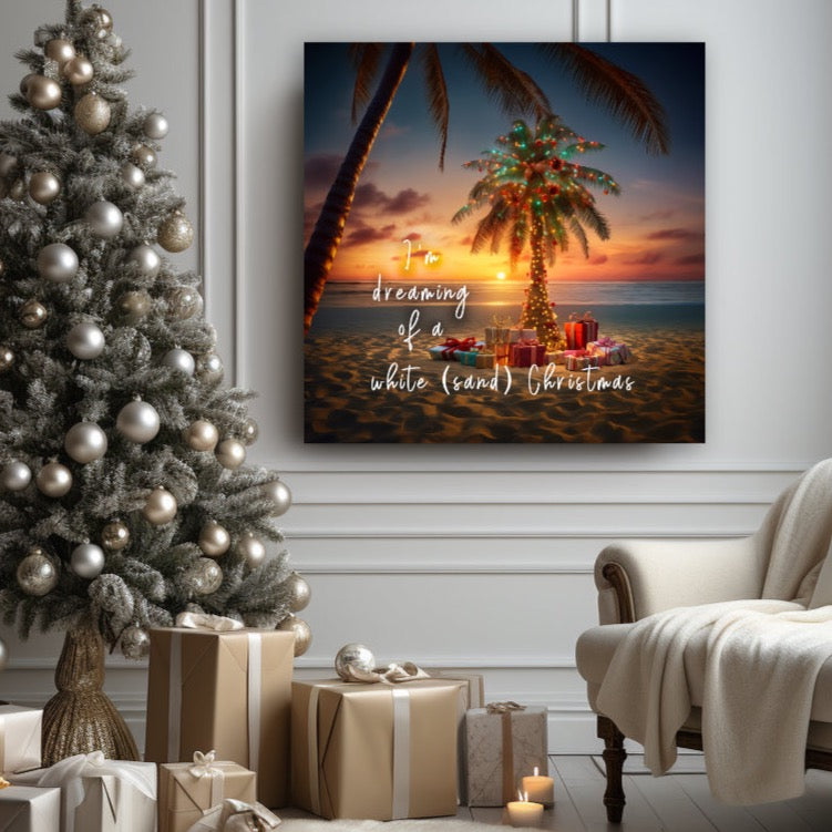 palm tree christmas tree on beach at sunset
