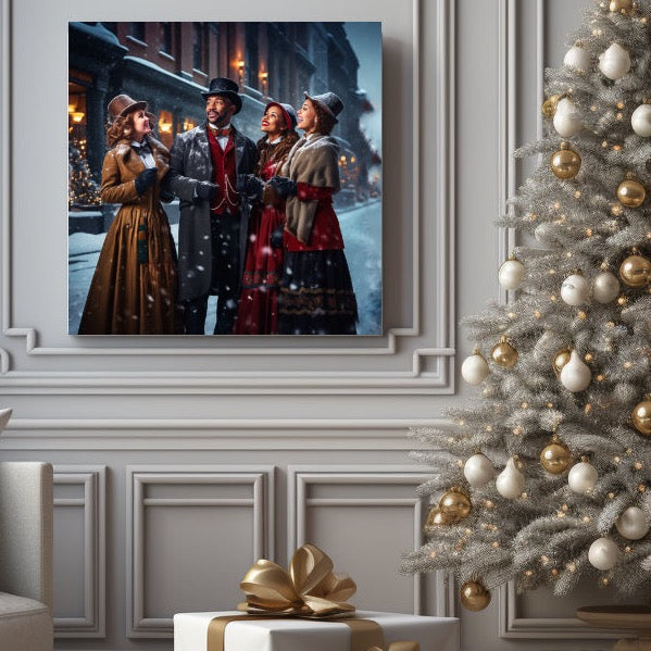 Christmas carolers stretched canvas print