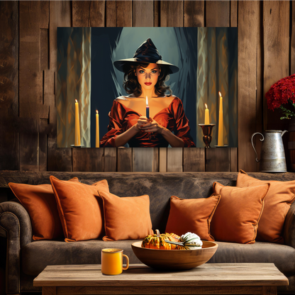 pretty witch holding a candle canvas print, aesthetic halloween witch canvas prints, beautiful witch with candle canvas print