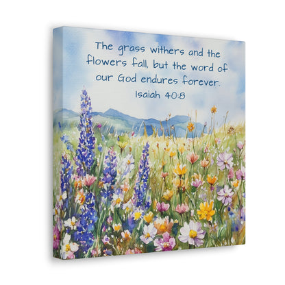 Isaiah 40:8 scripture decoration easy ready to hang field of flowers mountains
