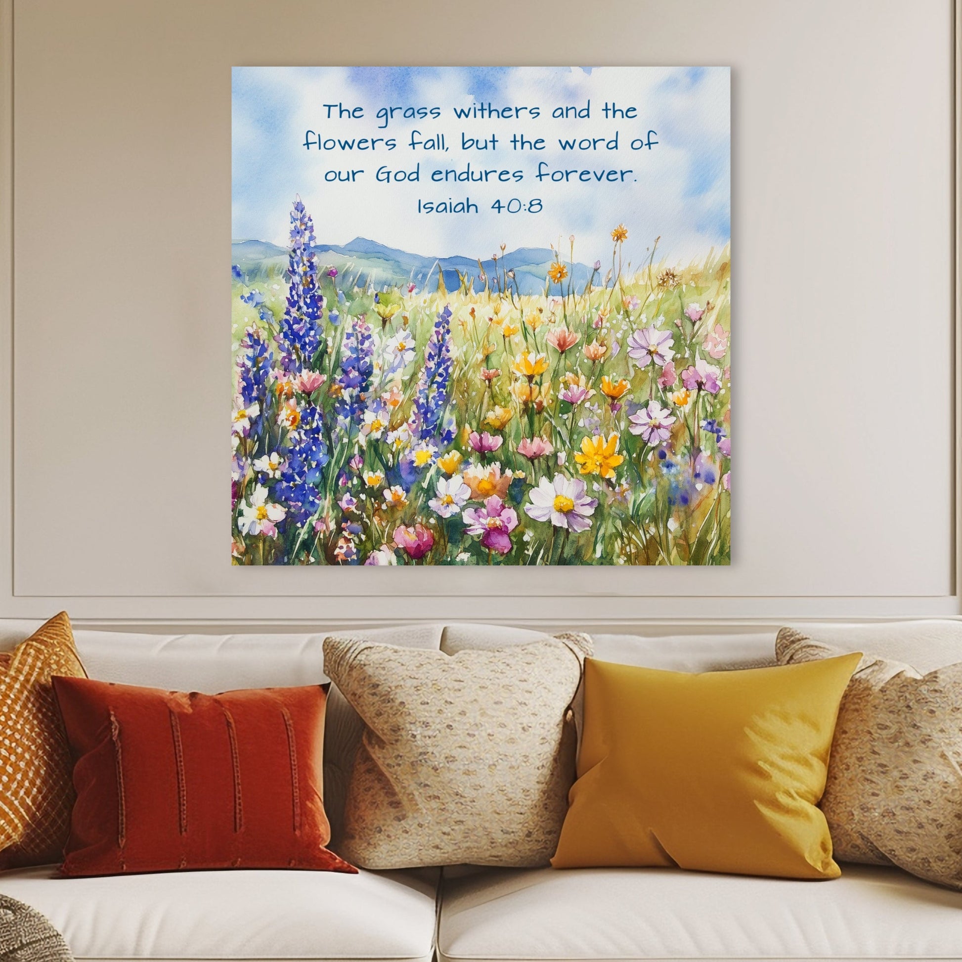 Isaiah 40:8 wall decor square blue brown orange white