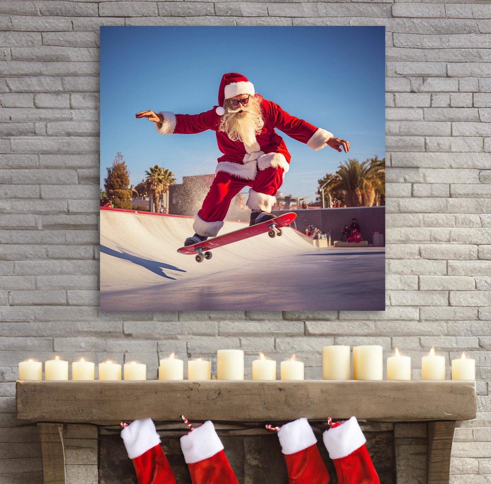 Santa on skateboard stretched canvas print gallery wrap easy ready to hang