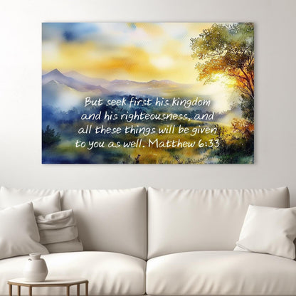 Matthew 6:33 aesthetic christian wall art decor wood framed horizontal landscape format yellow green